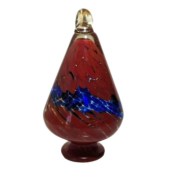 Blown Glass Footed Red and Blue Swirl Teardrop Hanging Decor - Picture 3 of 6